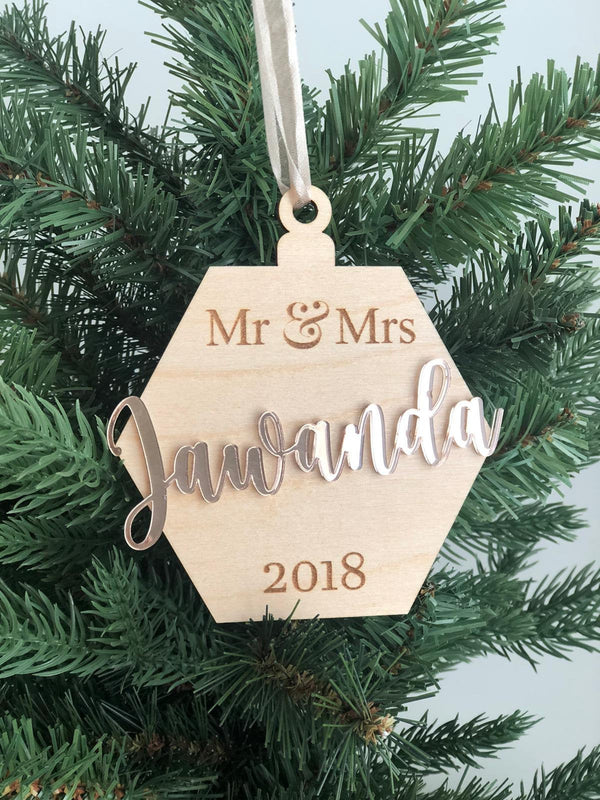 Mr and Mrs Engraved Christmas Ornament; Wooden or Acrylic 3D Personalized Laser Ornaments.