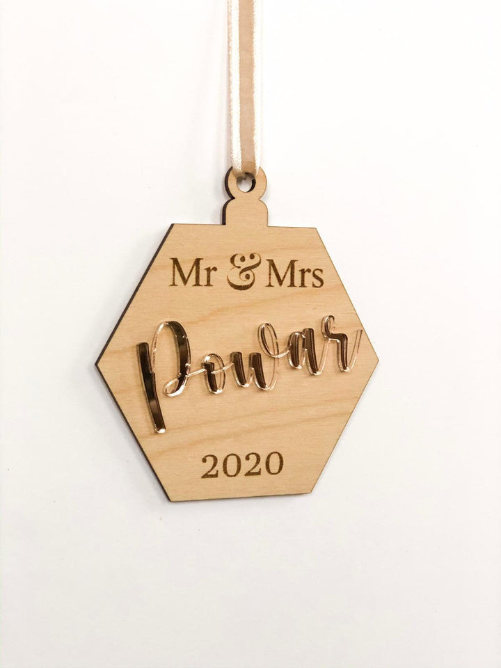 Mr and Mrs Engraved Christmas Ornament; Wooden or Acrylic 3D Personalized Laser Ornaments.