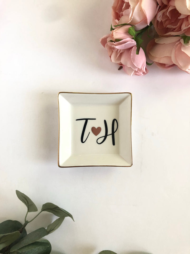 Custom Initial Square Ceramic Gold-Rimmed Ring Dish - Petals and Ivy Designs