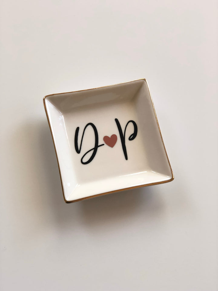 Custom Initial Square Ceramic Gold-Rimmed Ring Dish - Petals and Ivy Designs