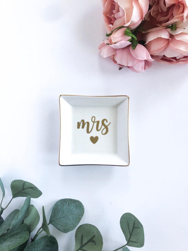 Mrs Square Ceramic Gold-Rimmed Ring Dish - Petals and Ivy Designs