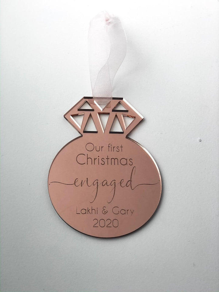 Our First Christmas Engaged Engraved Ring Ornament - Petals and Ivy Designs