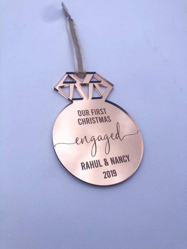 Our First Christmas Engaged Engraved Ring Ornament - Petals and Ivy Designs