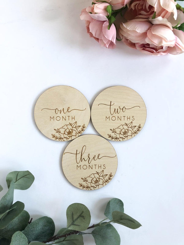 Floral Wooden Engraved Baby Milestones Disks - Petals and Ivy Designs