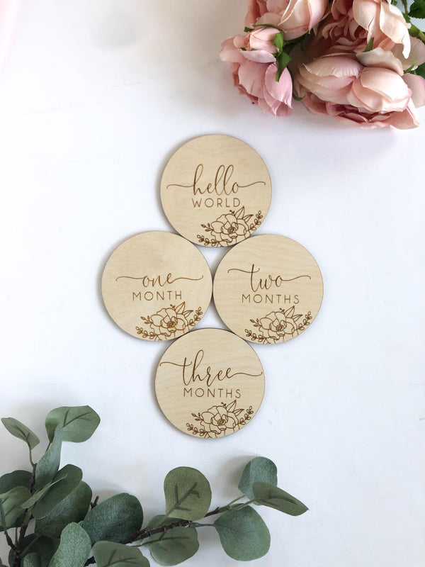 Floral Wooden Engraved Baby Milestones Disks